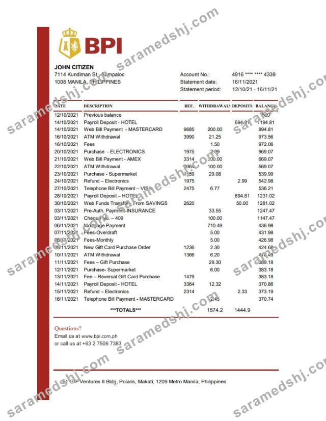 Philippines Bank of the Philippine bank statement easy to fill template in Excel and PDF format